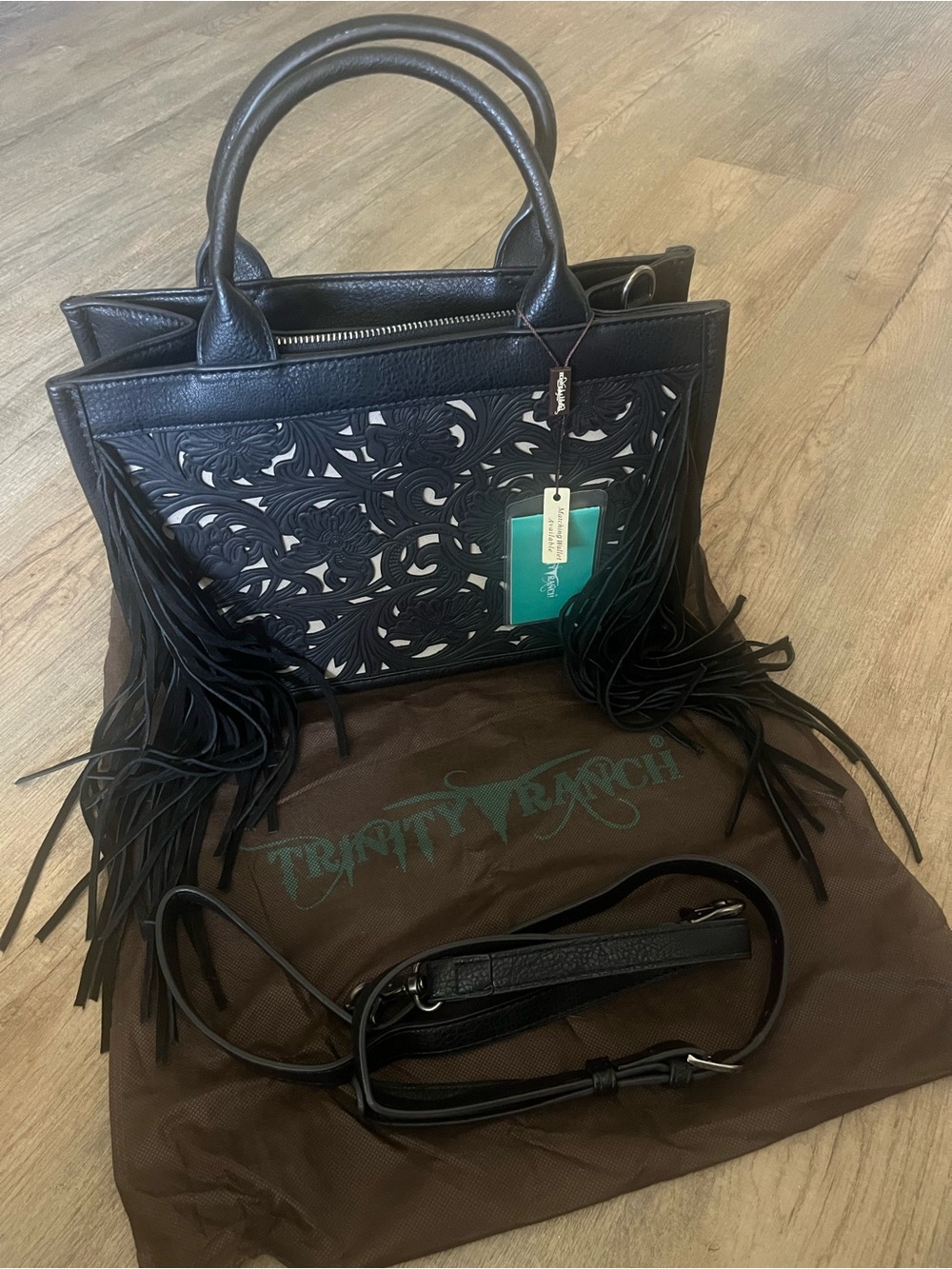 Trinity Black Leather Fringe Satchel with Laser-Cut Floral Panels
